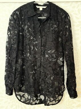 Diane Von Furstenberg Women’s 2 XS Black Lace Long Sleeve Button Up Blouse Top